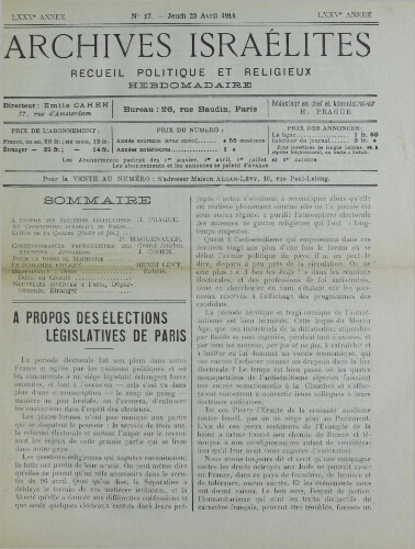 Archives israélites de France. Vol.75 N°17 (23 avr. 1914)
